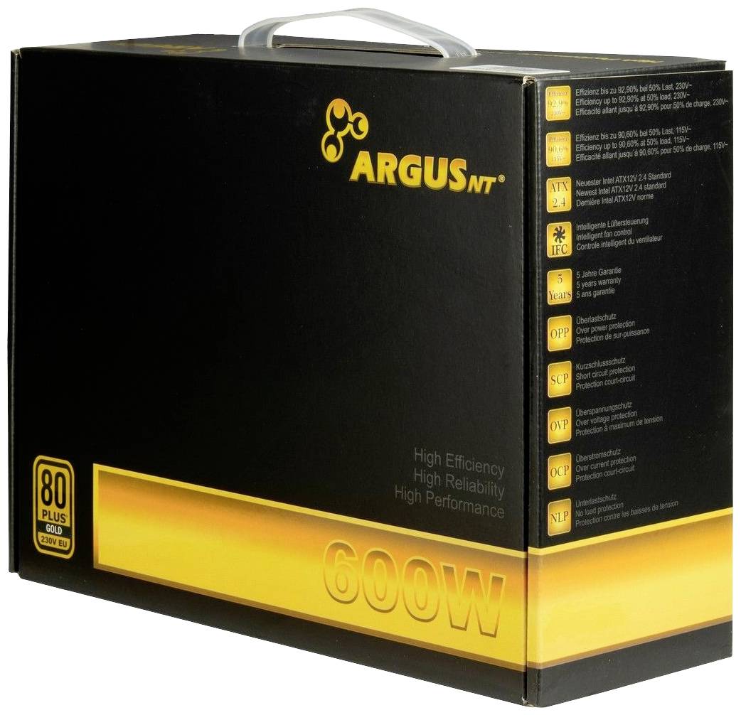 Schwarze Verpackung für ein Argus NT 600W Netzteil, hervorgehoben durch gelbe Details. Abbildung zeigt Effizienz und Sicherheitsmerkmale.