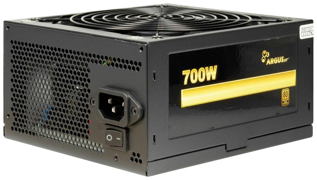 Schwarzes Computernetzteil mit '700W' Aufschrift, Lüfter oben, Stromanschluss und Netzschalter seitlich. Geeignet für Desktop-PCs.