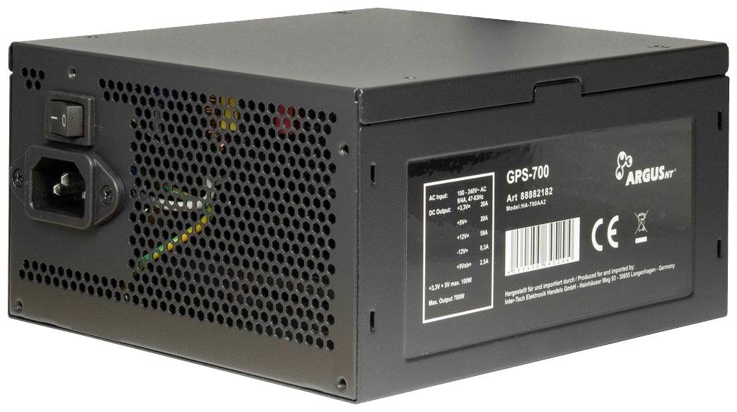 'Argus GPS-700' Computernetzteil mit Belüftungsgitter, Netzkabelanschluss, und CE-Kennzeichnung an der Seite.