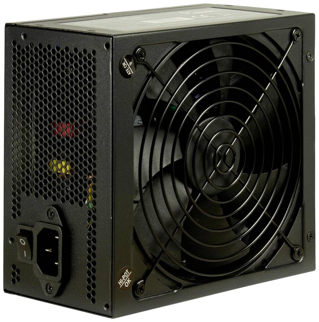 Ein schwarzes Computer-Netzteil mit Lüfter, das Stromanschlüsse und ein Lüftungsgitter zeigt. Es hat einen Ein-/Ausschalter und ein Netzkabelanschluss.