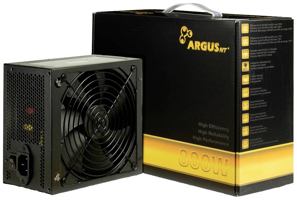 Netzteil mit schwarzem Gehäuse und Lüfter neben einer Verpackung mit Aufschrift 'Argus 800W', betont hohe Effizienz und Zuverlässigkeit.
