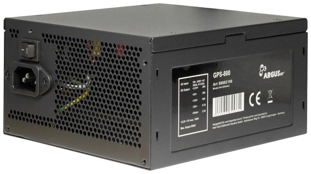Ein schwarzes Computernetzteil mit Lüftungsschlitzen und einer Aufschrift 'GPS-800' an der Seite. Enthält CE- und RoHS-Zertifizierungssymbole.