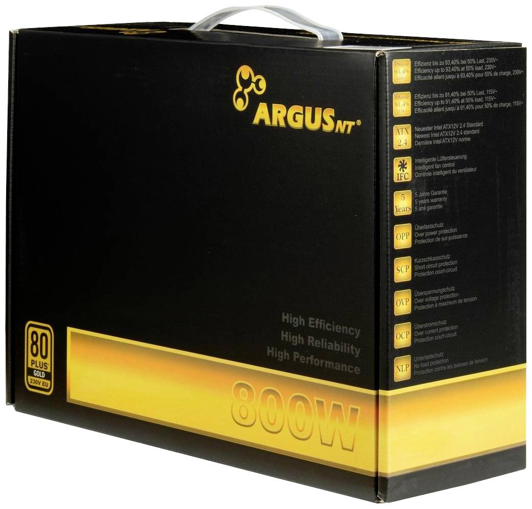 Schwarze Schachtel eines Stromnetzteils mit Aufschrift 'ARGUS' und '800W'. Hervorgehobene Merkmale: hohe Effizienz, Zuverlässigkeit, Leistung.