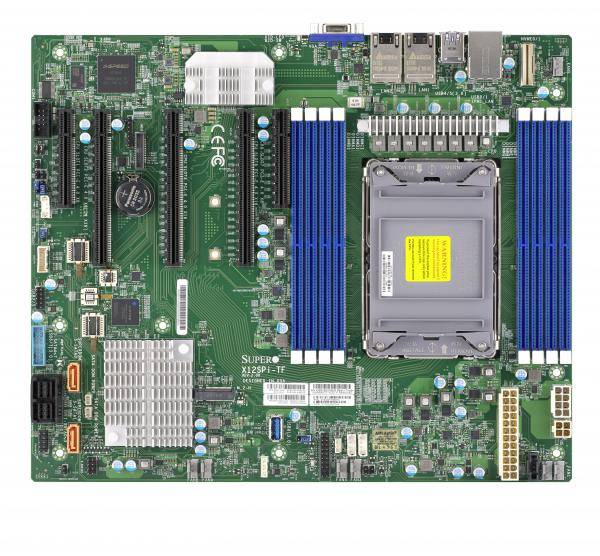 Das Bild zeigt eine grüne Computer-Motherboard-Platine mit verschiedenen Anschlüssen, Steckplätzen und Komponenten. Oben links steht 'SUPERMICRO'.
