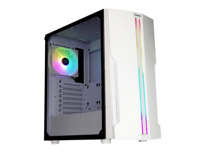 Ein weißes Computergehäuse mit transparentem Seitenfenster zeigt einen verbauten Lüfter mit RGB-Beleuchtung und bunte Streifen vorne.