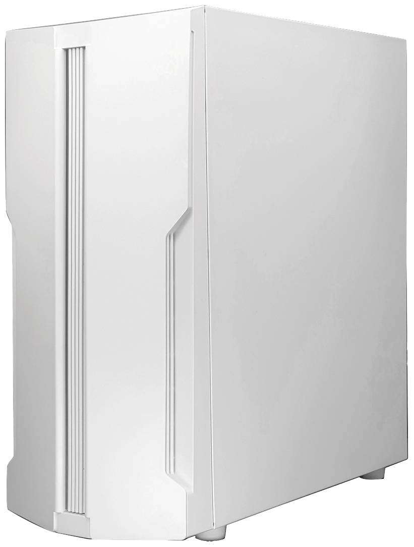 Ein weißes Computergehäuse mit minimalistischem Design und vertikalen Lüftungsschlitzen an der Vorderseite.