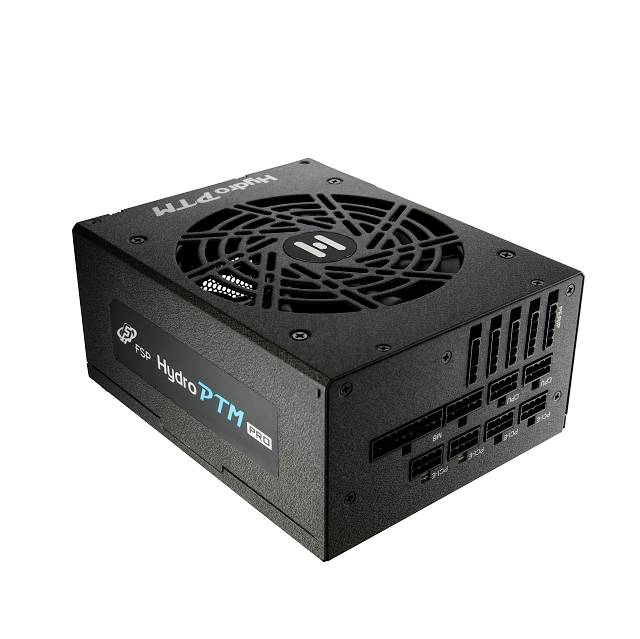 A black computer power supply unit with multiple slots and labeled as FSP Hydro PTM.