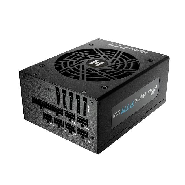 Das Bild zeigt ein schwarzes Computer-Netzteil mit mehreren Anschlüssen und einem Lüfter an der Oberseite, vermutlich für einen PC.