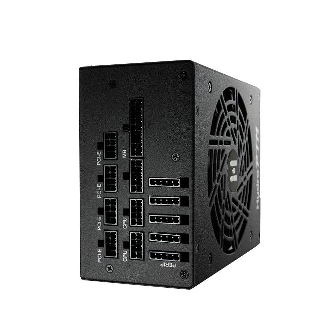 Netzteil mit mehreren Anschlüssen und Lüfter, geeignet für PC-Komponenten wie CPU und GPU, markiert mit PCIe- und MB-Anschlüssen.