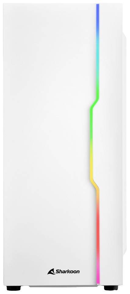 Ein weißer Computergehäuse-Tower mit vertikalem LED-Streifen in Regenbogenfarben auf der Vorderseite. Logo von Sharkoon unten.