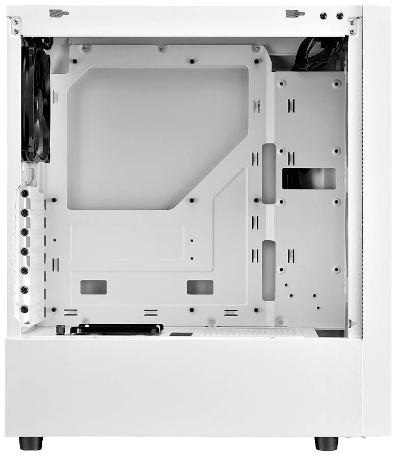 Weißes Computergehäuse ohne Komponenten, mit Lüfter an der Rückseite; bietet Platz für Mainboard, Laufwerke und Netzteil.