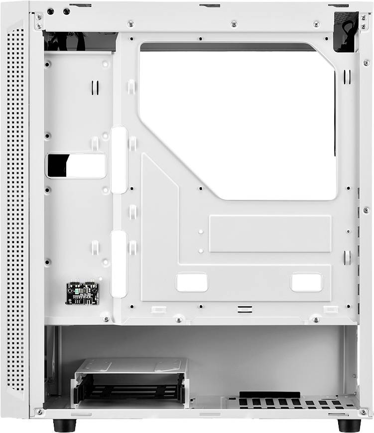 Weißes Computergehäuse, innen leer. Vorderseite offen, Platz für Komponenten sichtbar. Lüftungsschlitze an der Seite.
