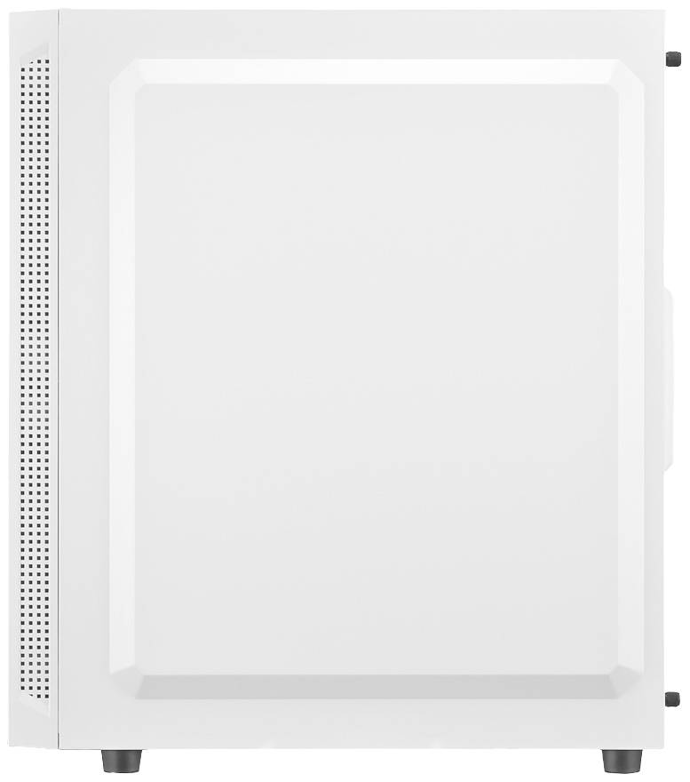 Ein weißer Computergehäuse-Seitenansicht mit einem schlichten, minimalistischen Design. An der linken Seite befinden sich Lüftungslöcher.