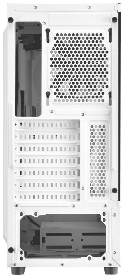 Die Rückseite eines weißen Computergehäuses mit mehreren Lüftungsschlitzen, PCI-Steckplätzen und einem Bereich für die Montage eines Netzteils.