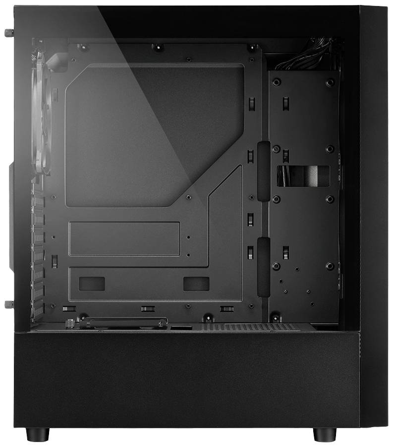 Schwarzes Computergehäuse mit transparentem Seitenpanel, leere Innenseite mit Platz für Hardware-Komponenten, schlichtes Design.