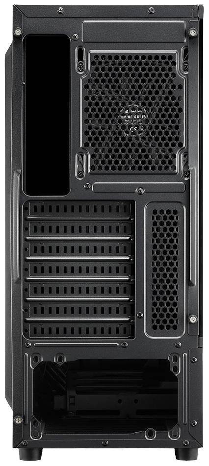 Rückansicht eines schwarzen Computergehäuses mit Lüfteröffnung, mehreren Erweiterungssteckplätzen und Stromanschluss.