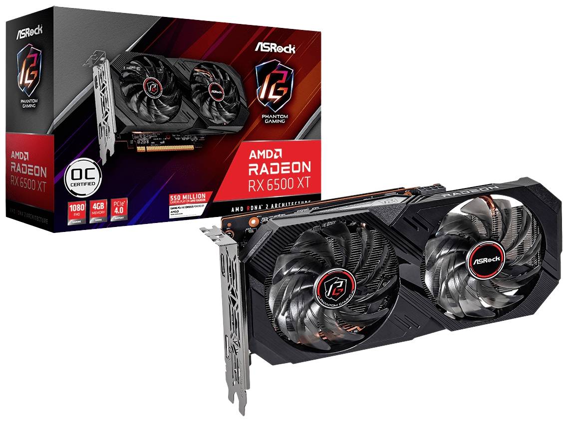 Grafikarte 'ASRock AMD Radeon RX 6500 XT Phantom Gaming D OC' mit Verpackung, zeigt Doppellüfterdesign und Spezifikationen.