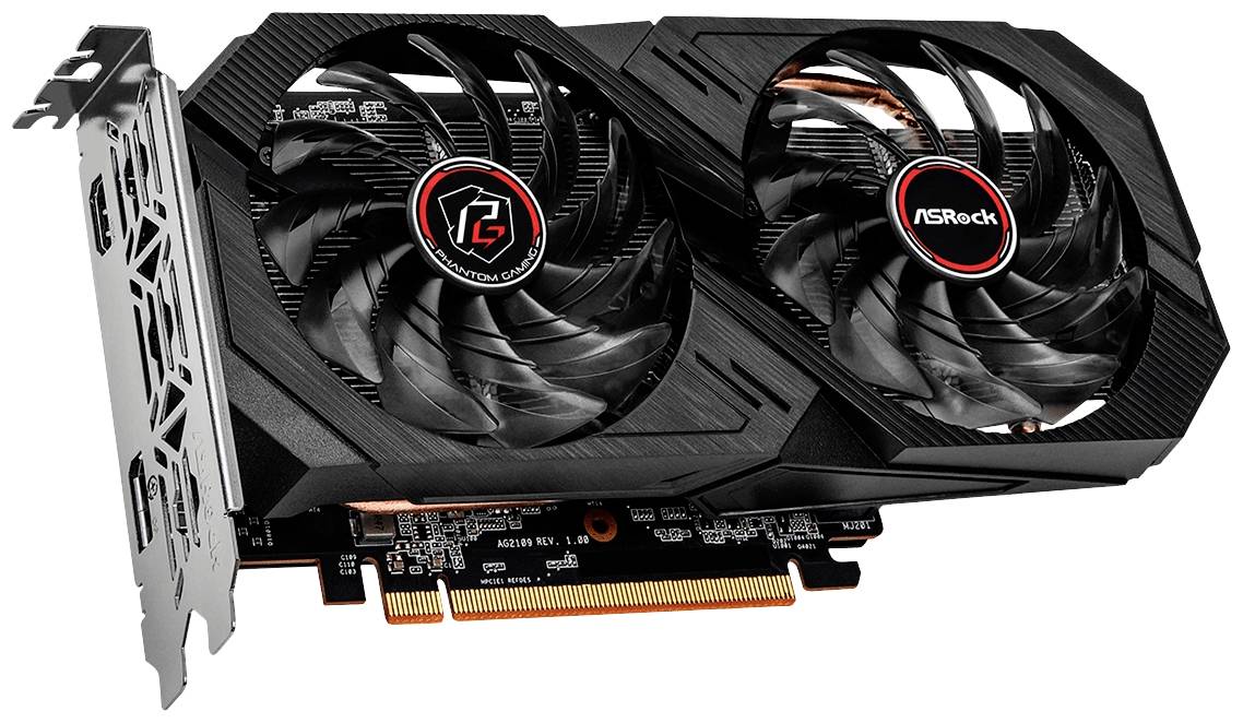 Eine schwarze ASRock-Grafikkarte mit zwei Lüftern, seitlich gezeigt. Sie ist mit Metall- und Kunststoffelementen gestaltet.