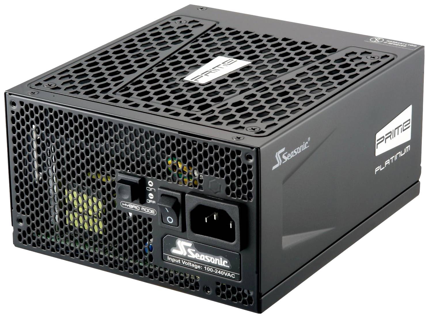 Schwarzes Seasonic PC-Netzteil der Serie 'PRIME Platinum' mit Lüftungsgitter und Leistungsaufnahme von 100-240 V, geeignet für Computer.