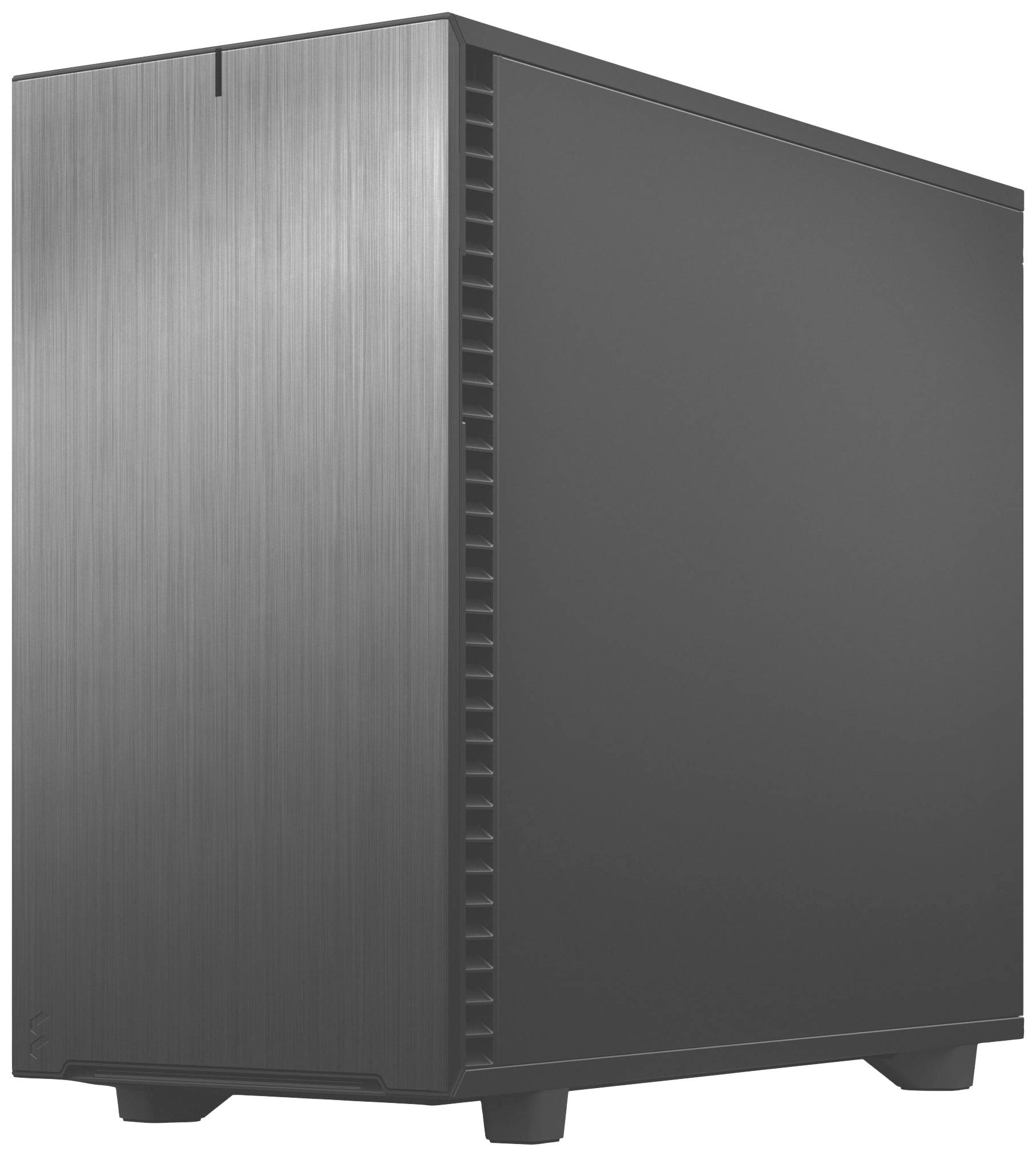 Ein moderner schwarzer Computer-Tower mit einer glatten, minimalistischen Metalloberfläche und Belüftungsschlitzen an der Seite.