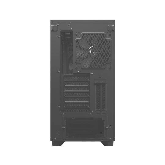 Ein schwarzes Computergehäuse von hinten mit Lüftungsgitter, mehreren Erweiterungssteckplätzen und einem Netzteilbereich unten.