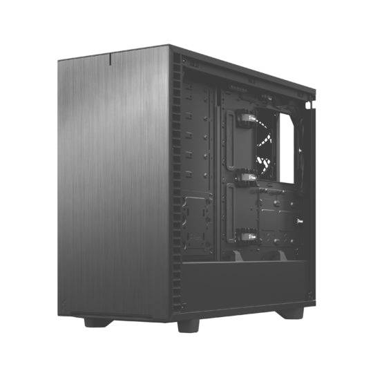 Ein leeres Computergehäuse mit offenem Seitenpanel, zeigt interne Halterungen und Anschlüsse. Kein sichtbarer Inhalt oder Komponenten.