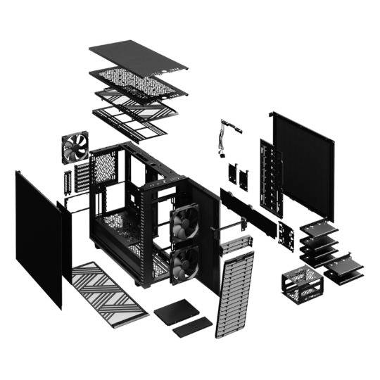 Ausgeklapptes schwarzes Computergehäuse mit sichtbaren Bauteilen, einschließlich Lüfter, Gitter und Panelen, vor weißem Hintergrund.