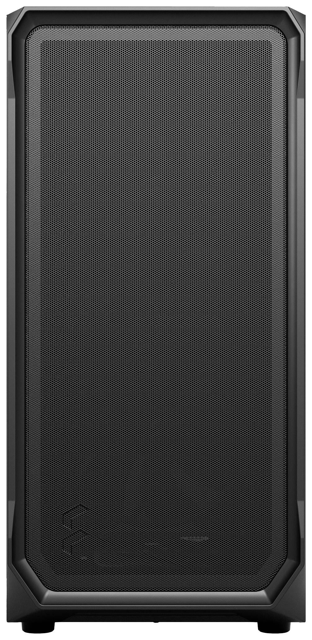 Schwarzes Computergehäuse in rechteckiger Form mit einem Gitter an der Vorderseite.