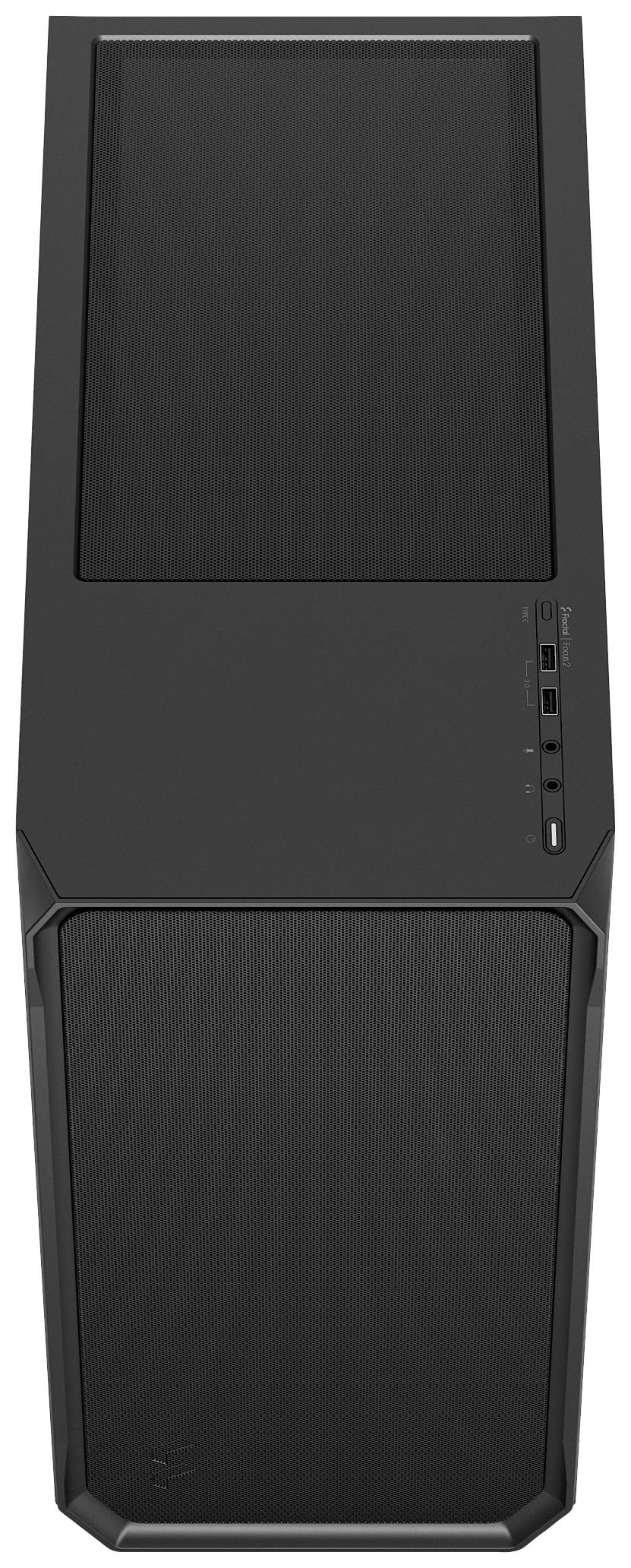 Ein schwarzes Computergehäuse mit rechteckiger Form, mehreren Ports und einem minimalistischen Design.