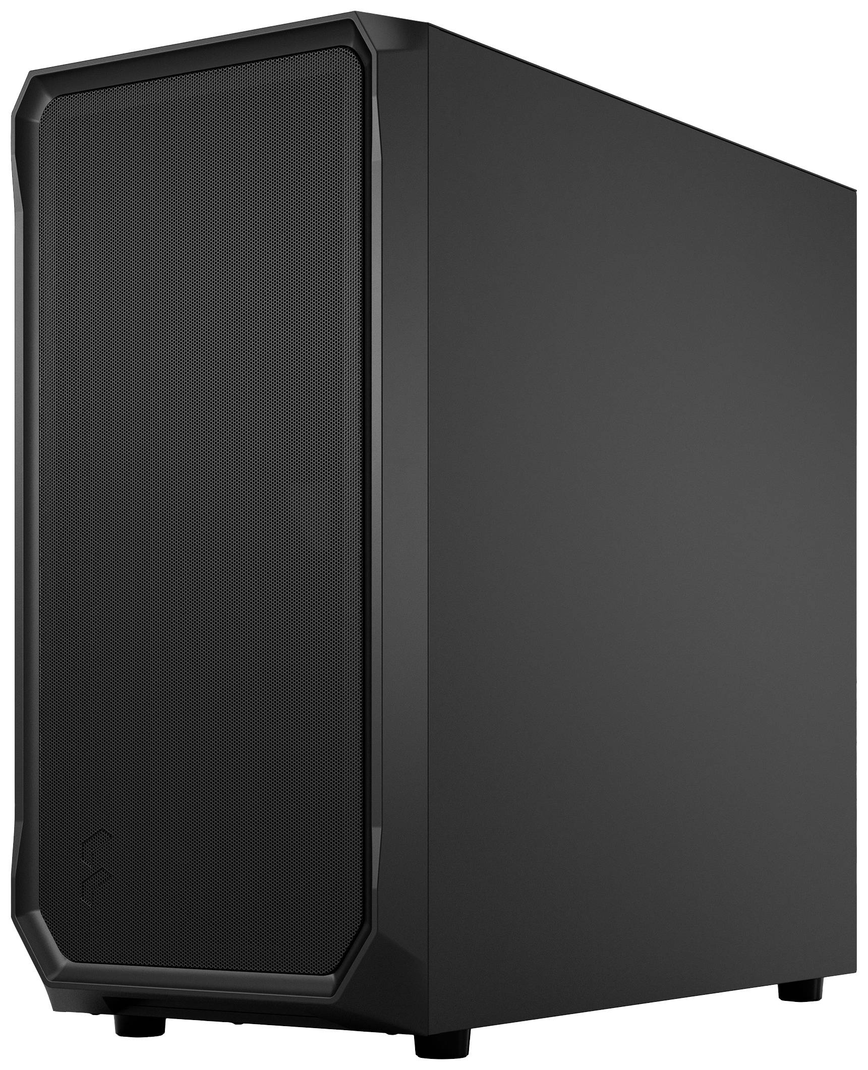 Ein schwarzes Computergehäuse mit schlichtem, rechteckigem Design und abgerundeten Ecken. Keine sichtbaren Marken oder Logos.