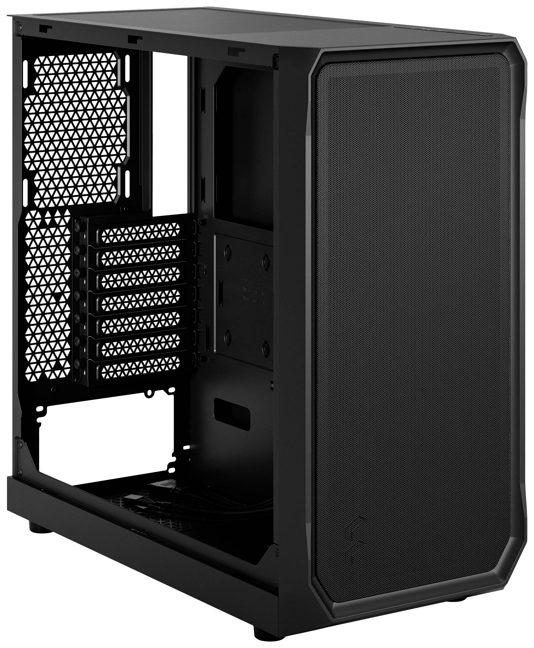 Schwarzes, offenes Computergehäuse mit mehreren Belüftungsschlitzen und Slots für Erweiterungskarten, ohne sichtbare Hardware.