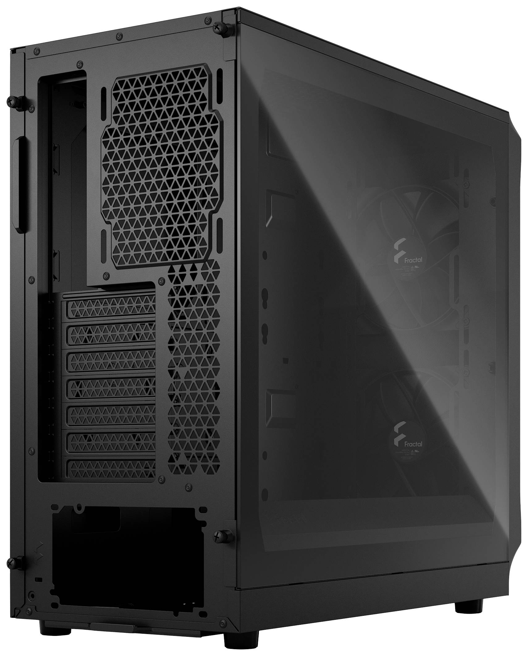 Schwarzes Computergehäuse mit Lüfter und Seitenpanel aus Glas, zeigt Belüftungsöffnungen und Erweiterungssteckplätze an der Rückseite.