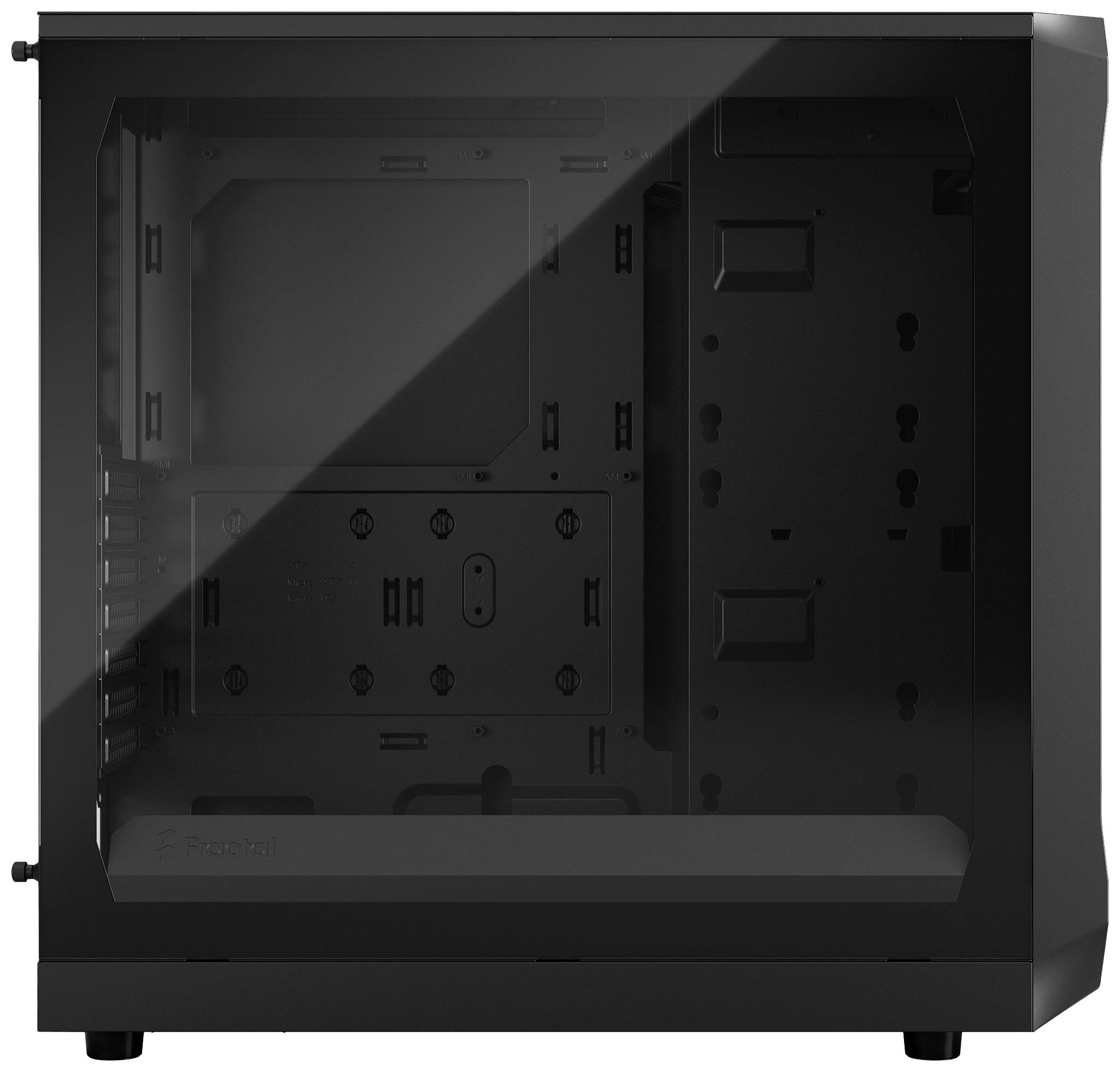 Ein leeres PC-Gehäuse mit Glas-Seitenwand, schwarz. Geeignet für den Einbau von Computerkomponenten.