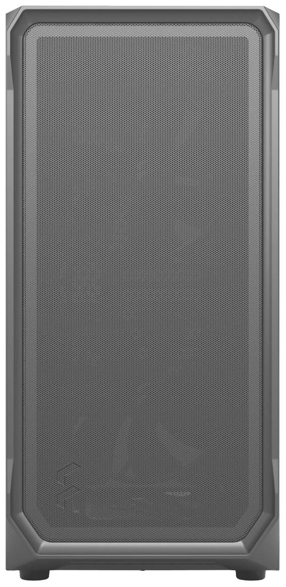 Ein graues Computergehäuse mit meshartiger Frontabdeckung, vermutlich für Kühlung. Keine sichtbaren Logos oder Marken.