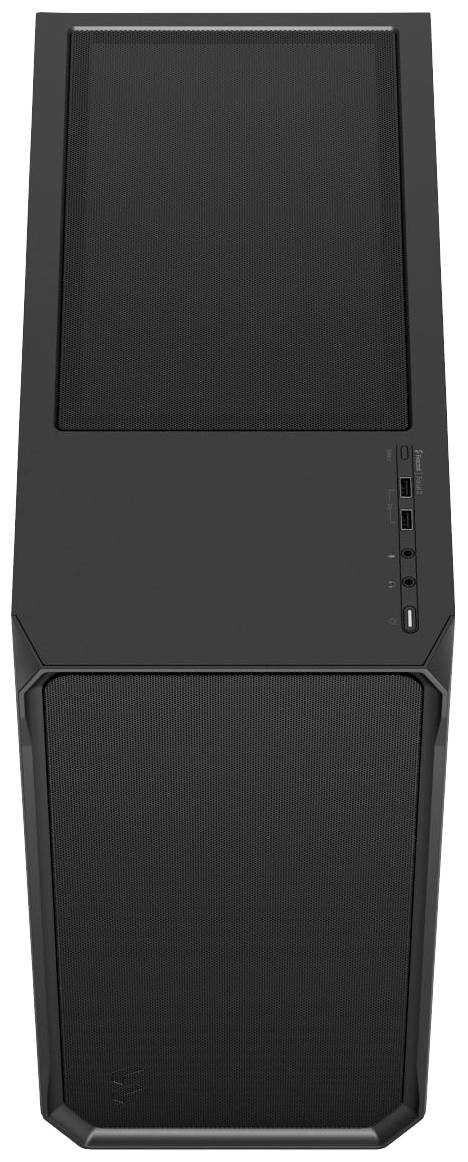 Schwarzes Computergehäuse mit USB- und Audiosteckplätzen seitlich.