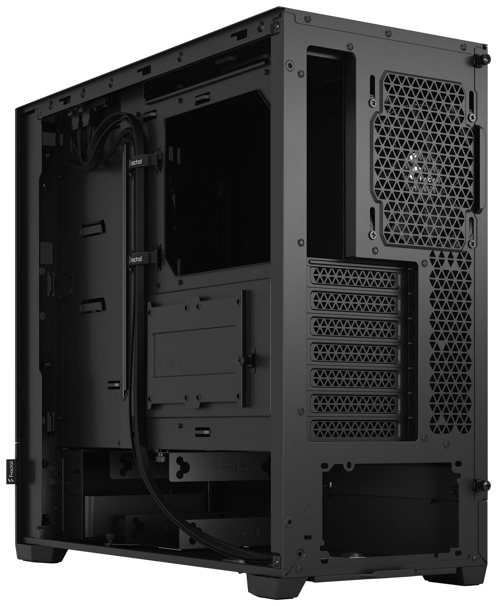 Schwarzes Computergehäuse mit mehreren Lüftungsschlitzen und Kabelmanagementsystem. Rückansicht zeigt Erweiterungssteckplätze.