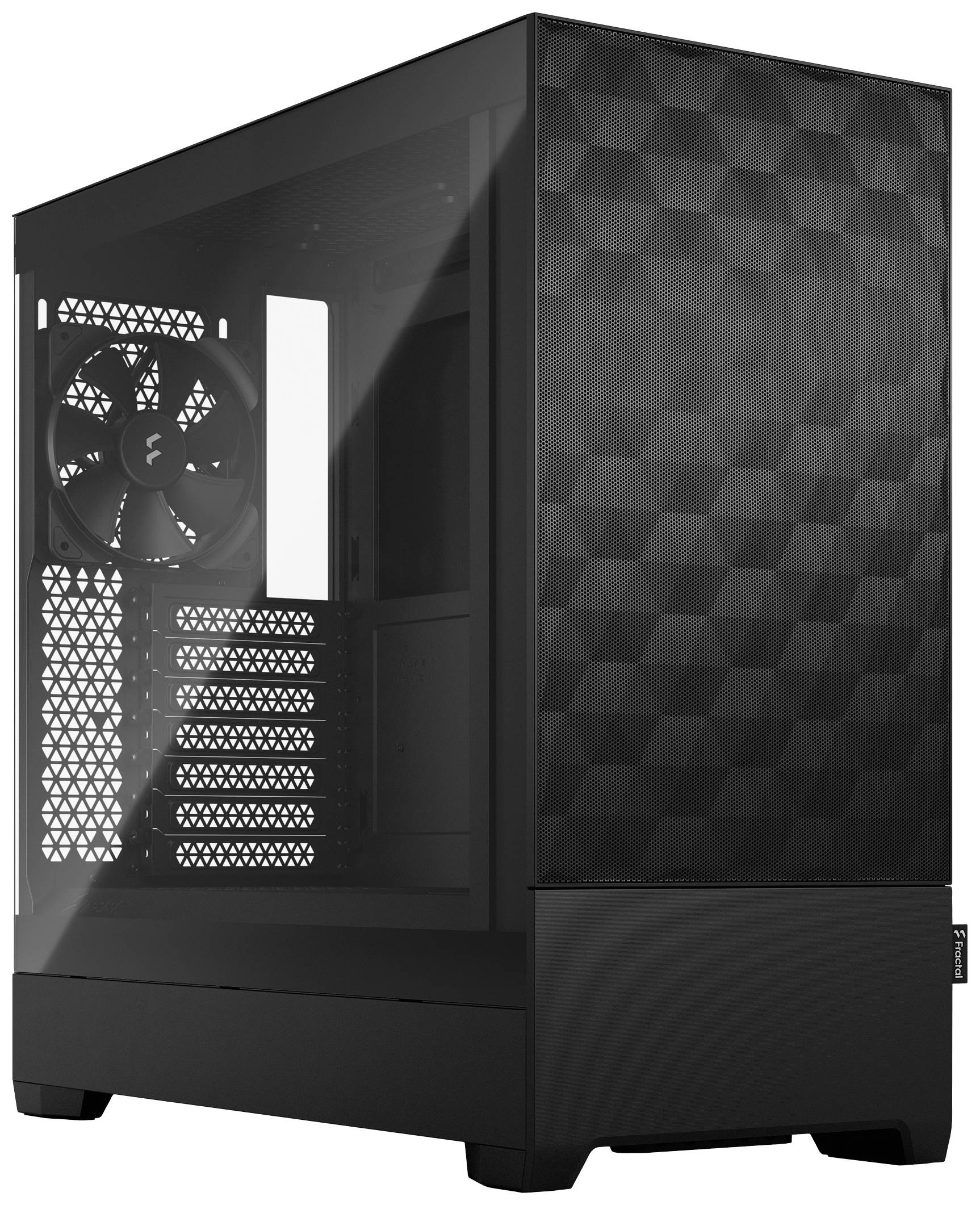 Ein leeres, schwarzes PC-Gehäuse mit transparentem Seitenteil und gutem Luftstromdesign.
