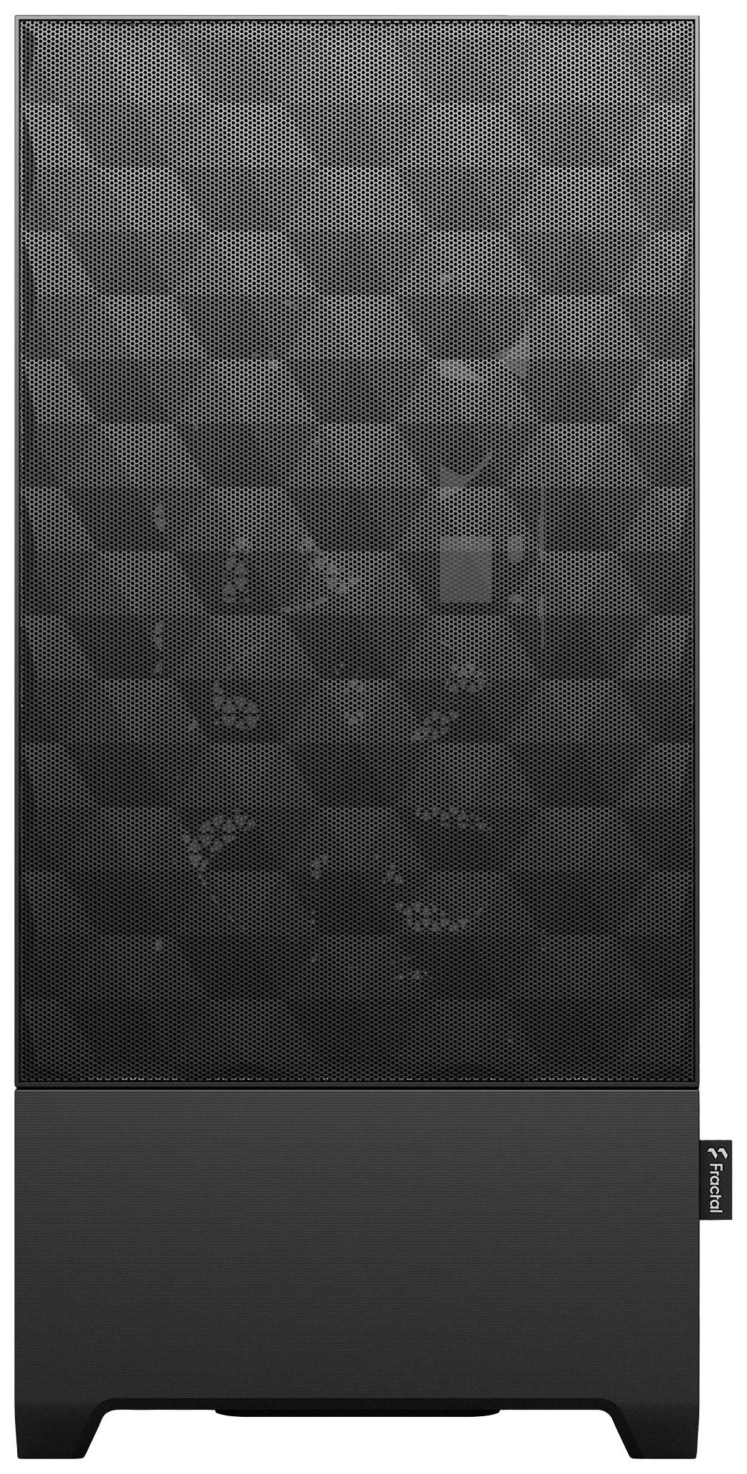 Ein elegantes, schwarzes Computergehäuse mit geometrischem Muster. Ideal für hochwertige PCs mit effizientem Lüftungssystem.