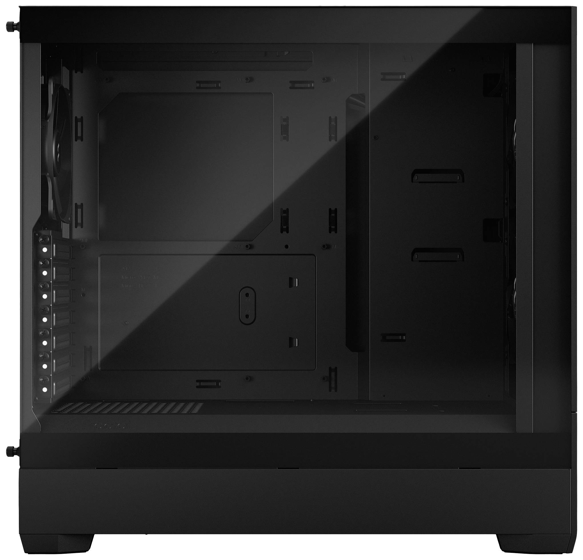 Schwarzes Computergehäuse mit durchsichtigem Seitenteil, zeigt leeres Inneres ohne Komponenten. Geeignet für PC-Bauprojekte.