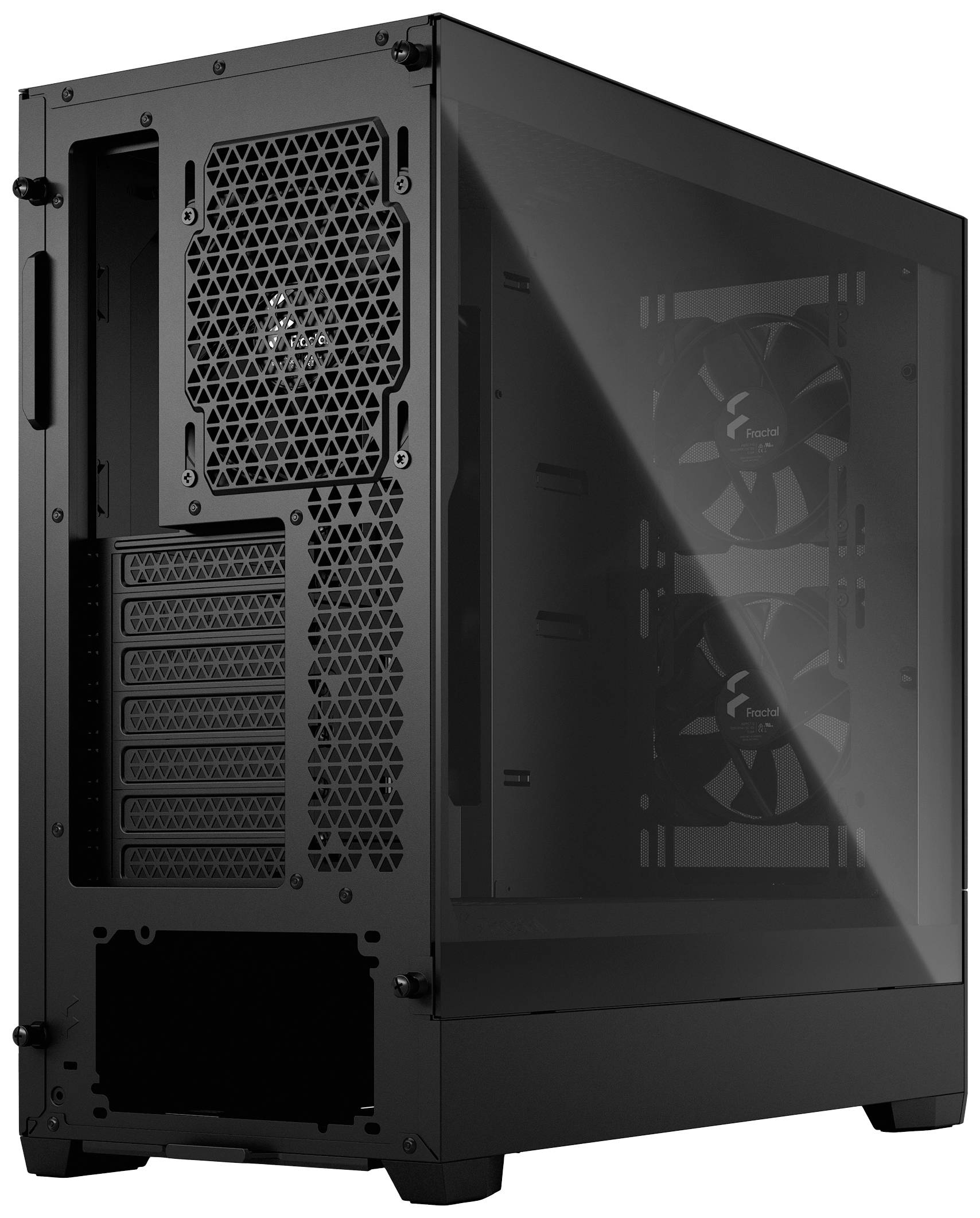 Schwarzes Computergehäuse mit transparentem Seitenfenster, zwei Lüfter sichtbar; geeignet für PC-Komponenten-Montage.