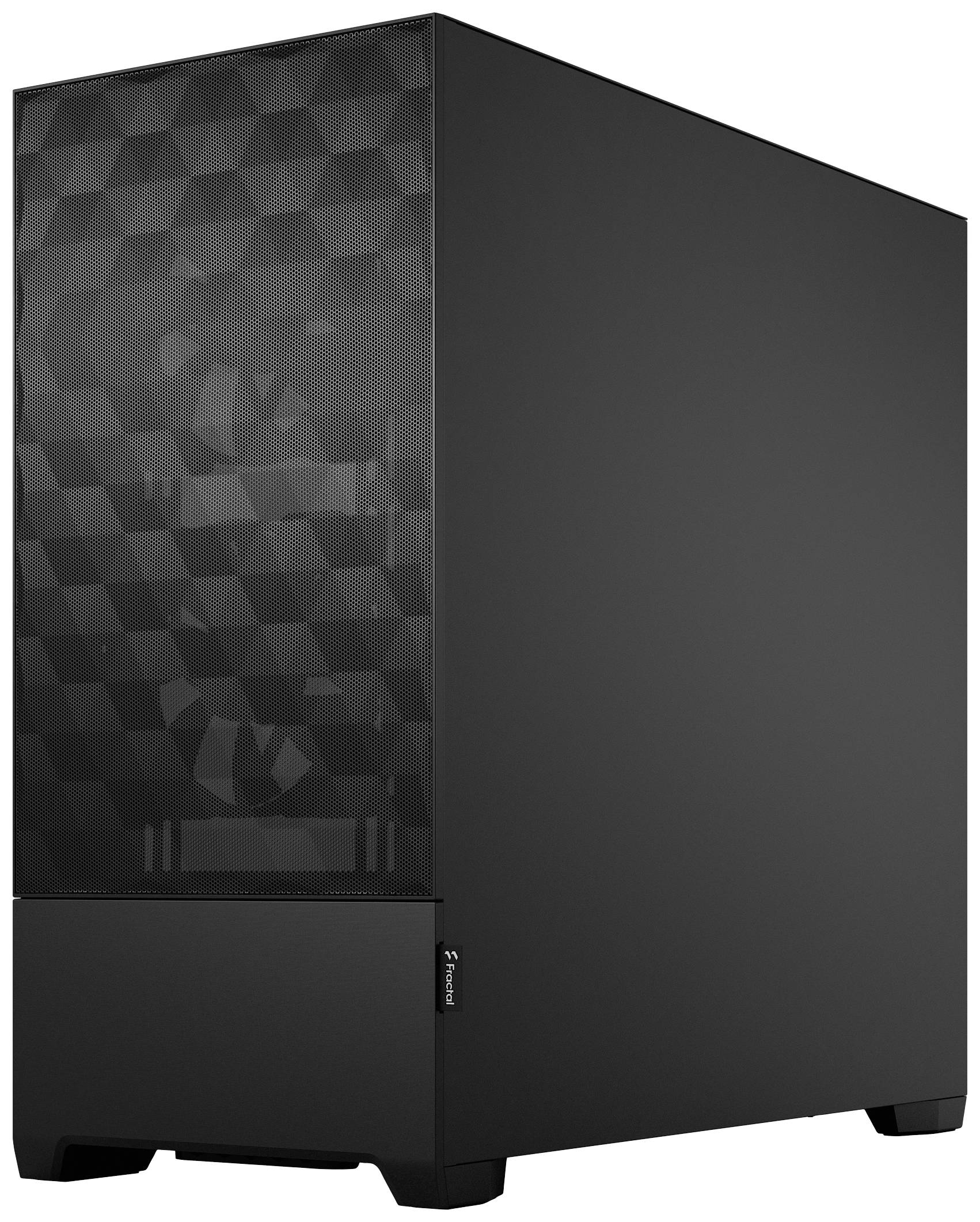 Ein schlichter, schwarzer Computer-Tower mit einem geometrisch gemusterten Frontgitter.