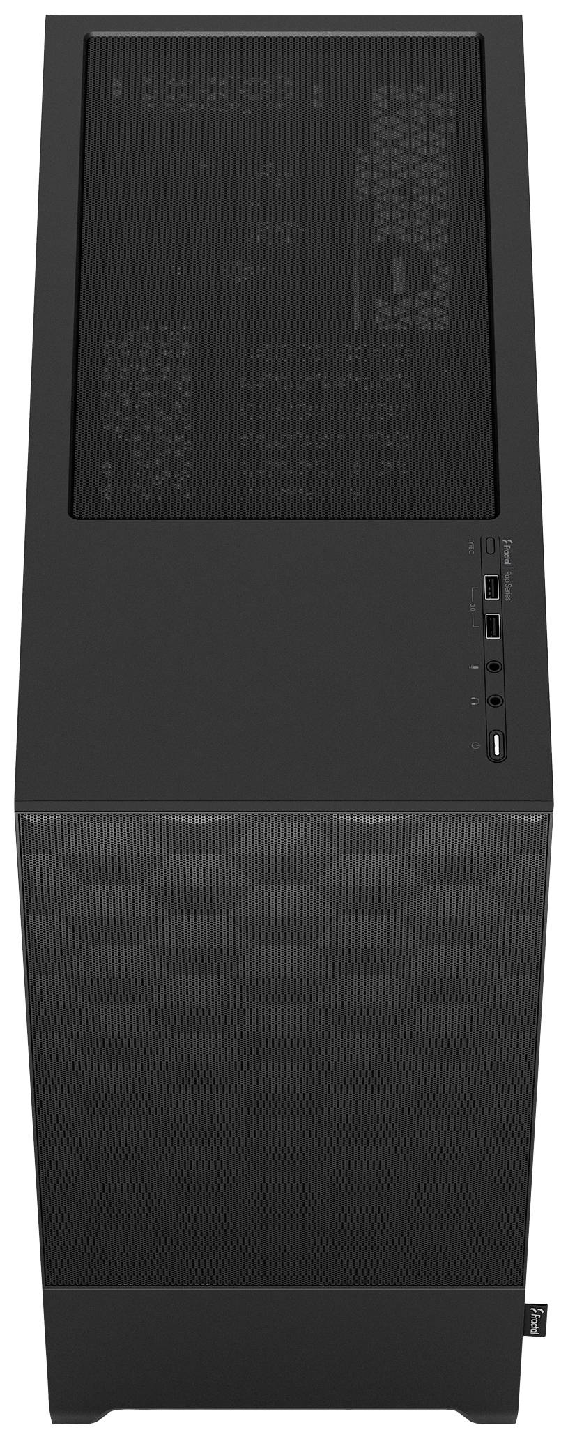 Schwarzes Computergehäuse mit seitlichen Lüftungsschlitzen und mehreren vorderen USB-Anschlüssen. Minimalistisches Design.