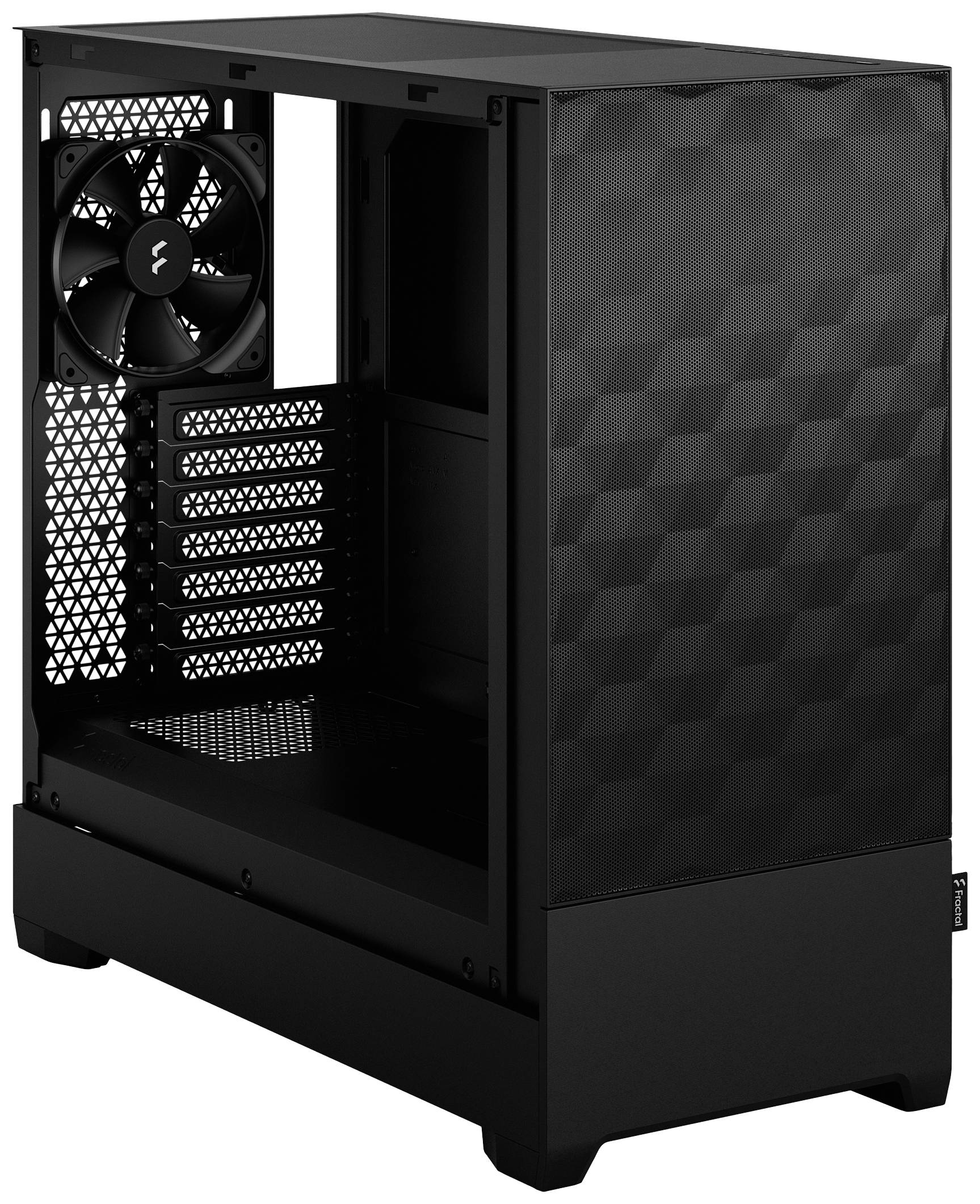 Schwarzes PC-Gehäuse mit einem Lüfter hinten, mehreren Erweiterungsslots und einem geometrischen Muster auf der Frontblende.