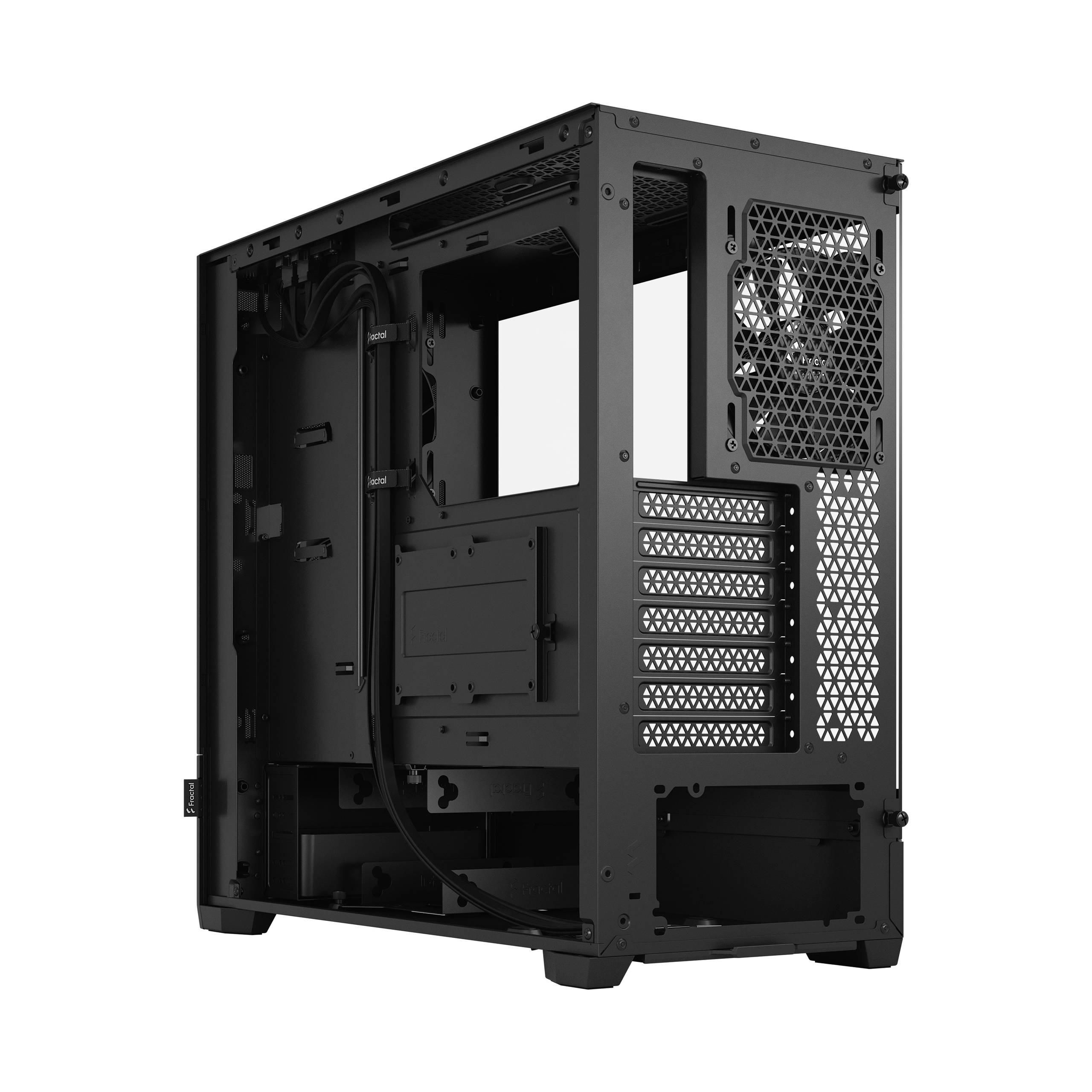 Schwarzes Computergehäuse mit offenem Seitenpanel, zeigt interne Rahmen für Motherboard, Lüfter und Kabeloptionen.