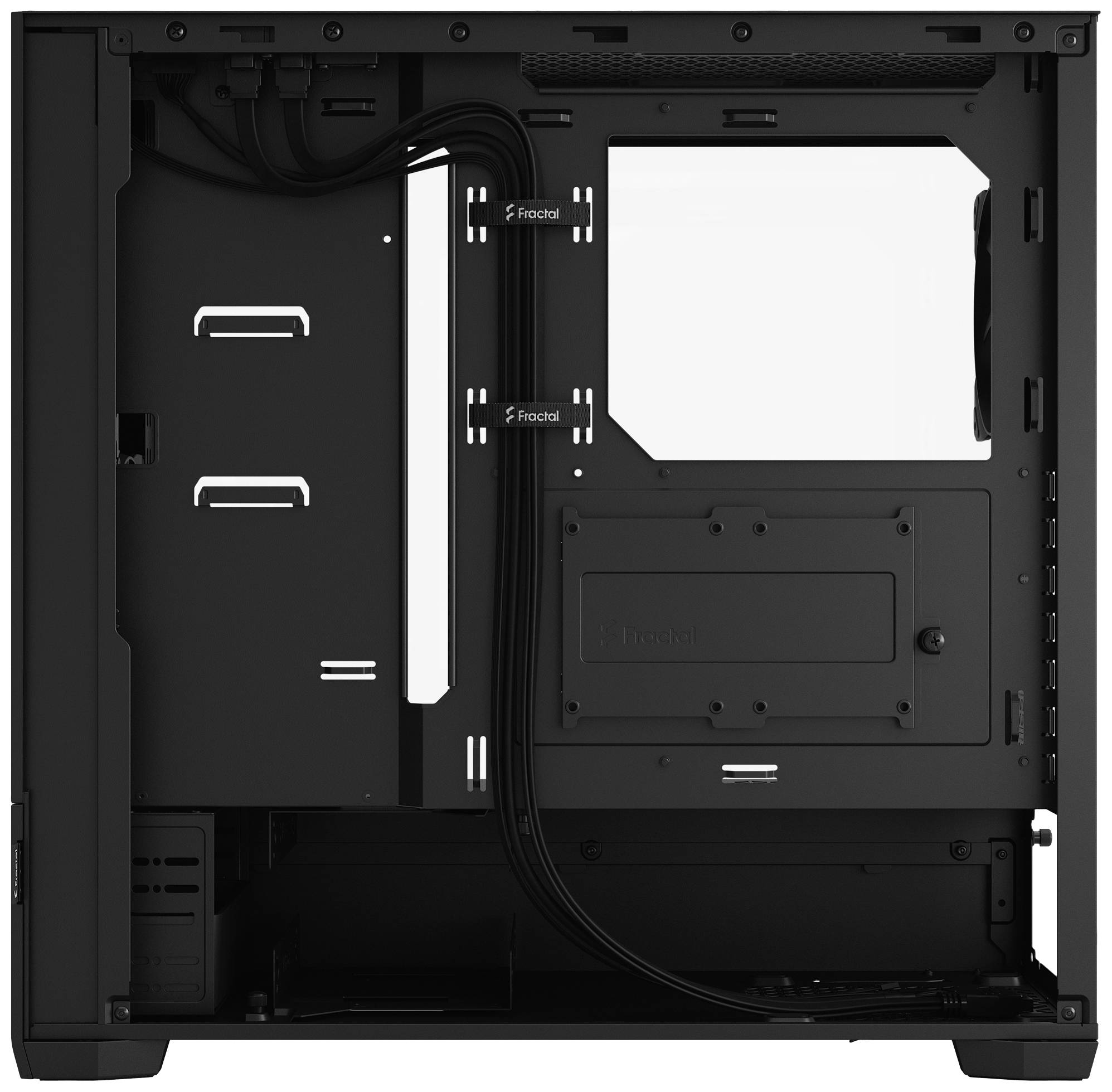 Gehäuse-Innenansicht eines PC-Towers ohne Komponenten, zeigt Kabelmanagement-Optionen und Platz für Mainboard- und Laufwerksmontage.