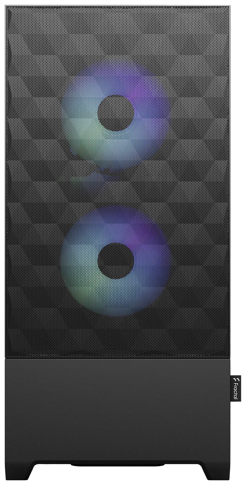 Ein schwarzes Computergehäuse mit zwei leuchtenden, bunten Lüftern an der Vorderseite.