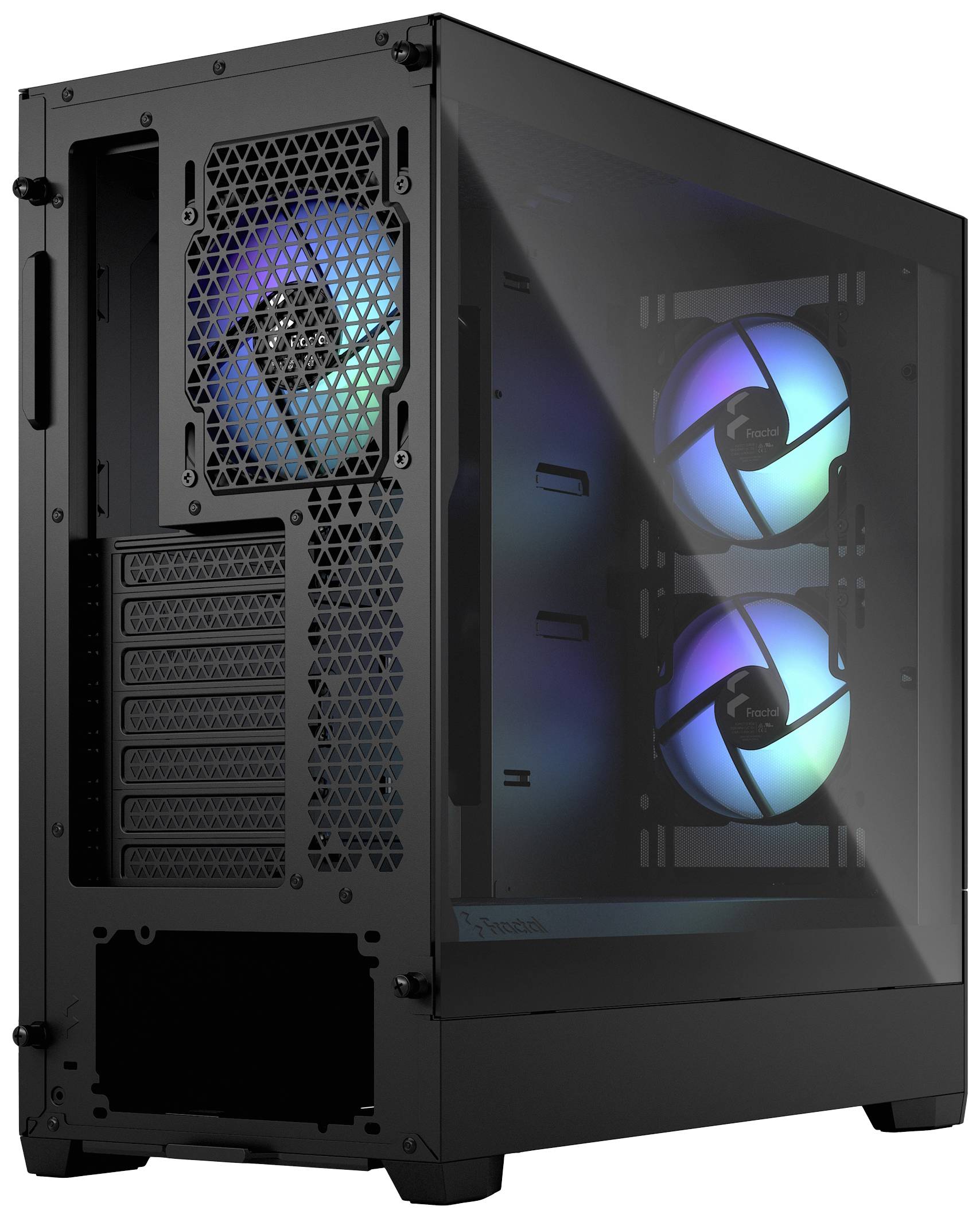 Ein schwarzes Computergehäuse mit seitlicher Glaswand zeigt drei leuchtende Lüfter mit RGB-Beleuchtung.