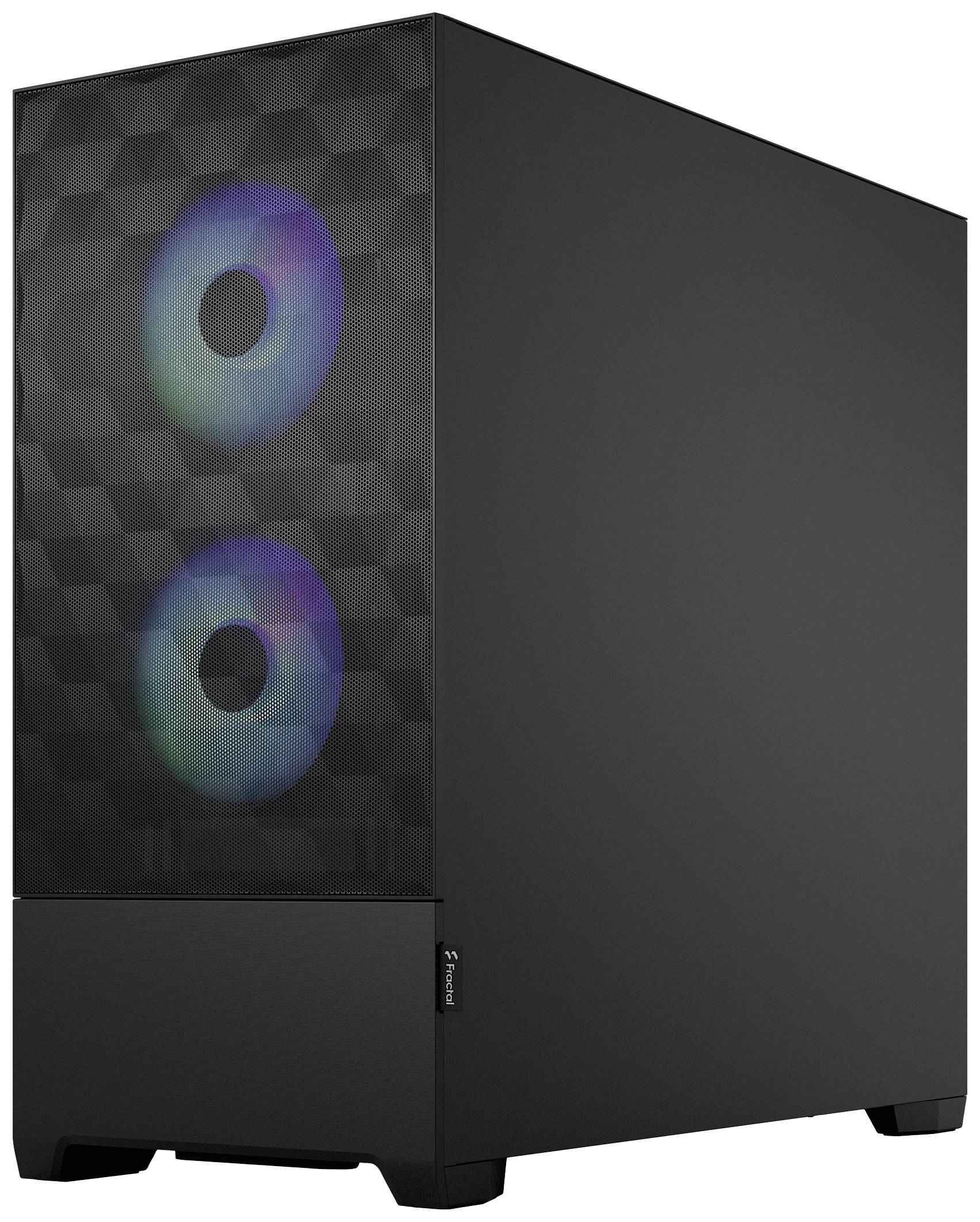 Schwarzes Computergehäuse mit einer Mesh-Vorderseite, durch die zwei beleuchtete Lüfter sichtbar sind, die in Regenbogenfarben leuchten.