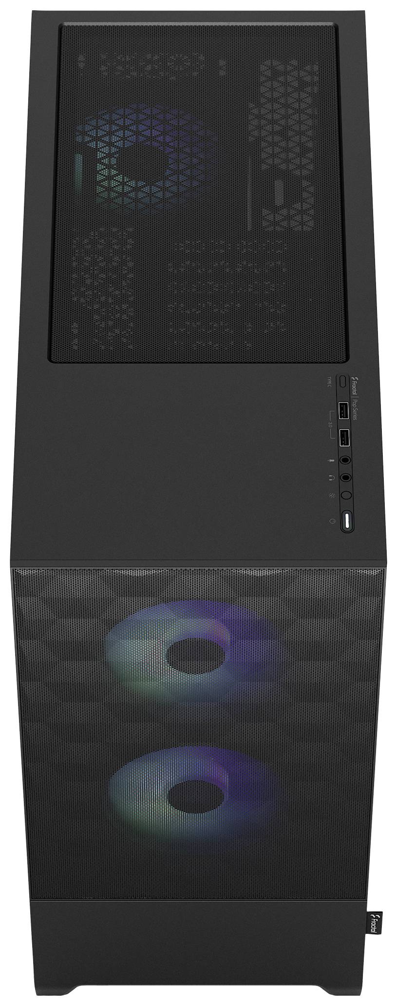 Ein schwarzes Computergehäuse mit durchsichtigen Seiten, durch die bunte Lüfter sichtbar sind. Oben befinden sich USB-Anschlüsse.