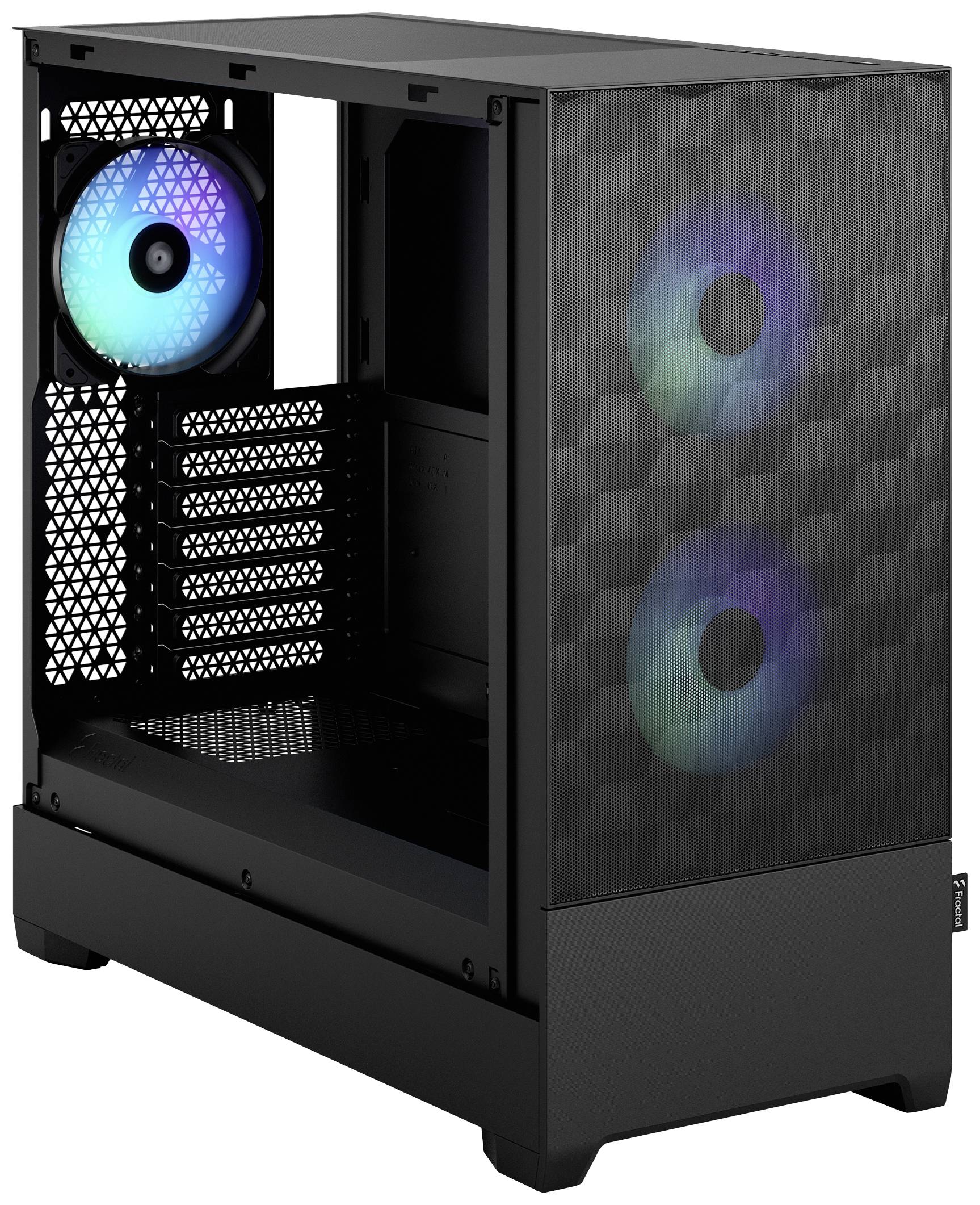 Schwarzes PC-Gehäuse mit transparentem seitlichem Panel, zeigt zwei leuchtende Frontlüfter und einen leuchtenden Lüfter an der Rückseite.